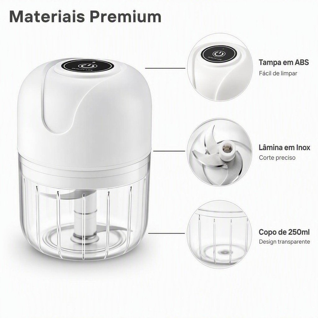Mini Processador de Alimentos Elétrico Sem Fio Branco 250ml