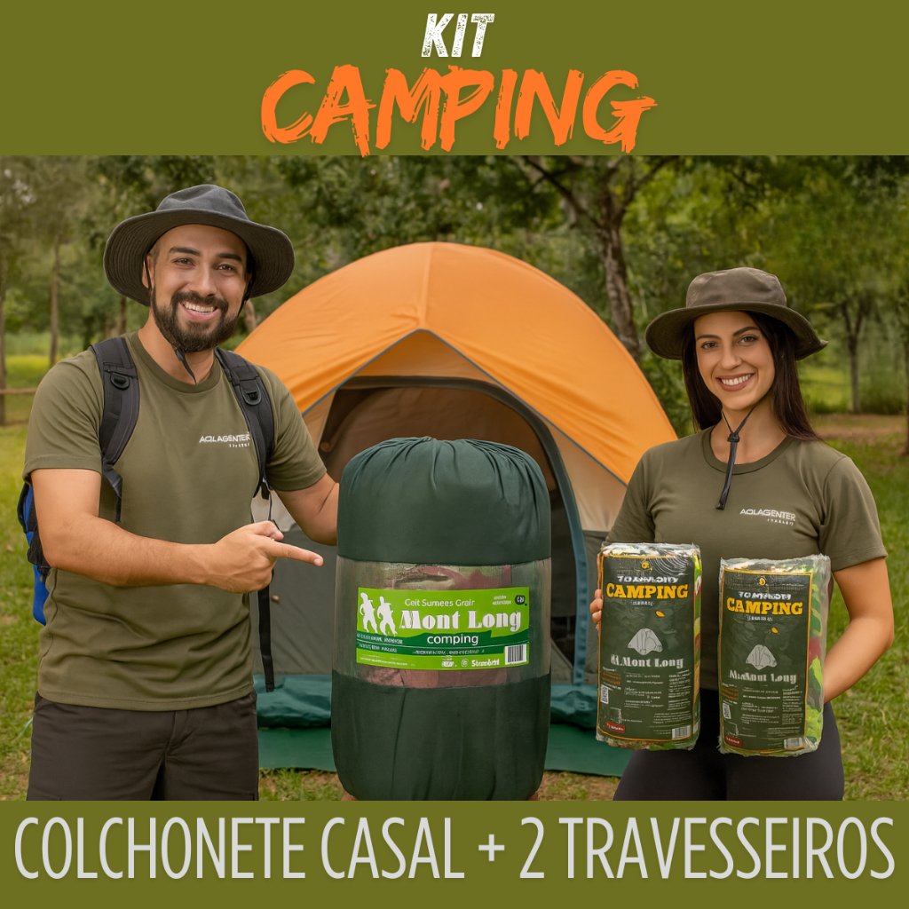 Kit Colchonete Casal e 2 Travesseiros Dobráveis para Camping