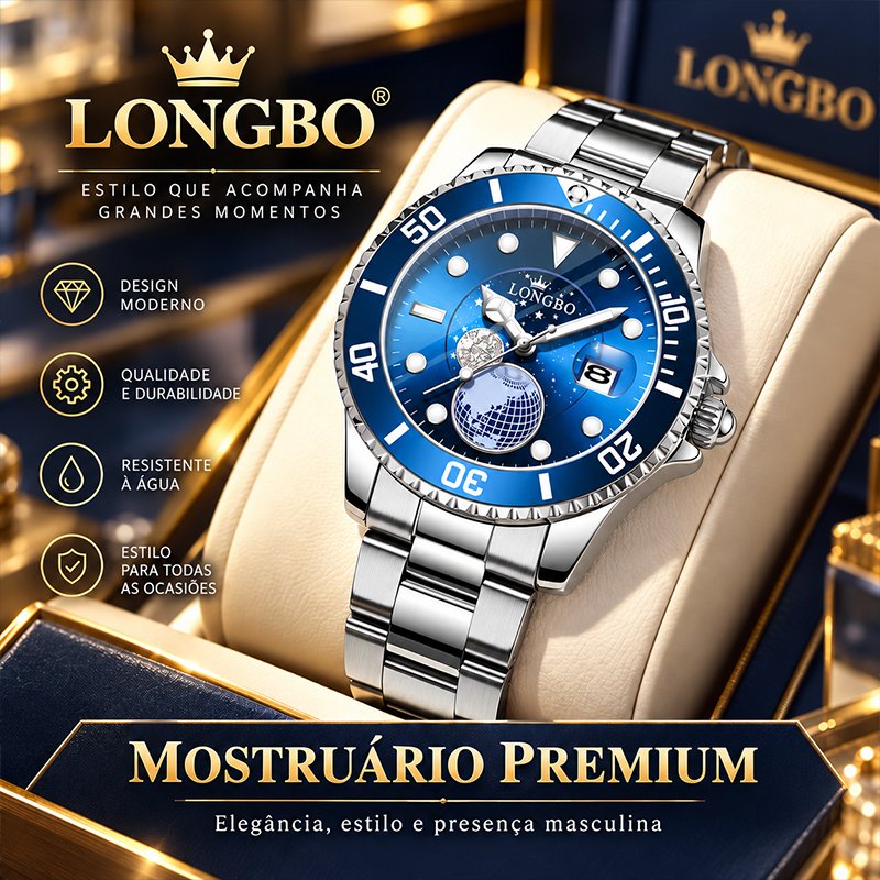 Relógio Masculino LONGBO Quartzo Luxo Aço Inoxidável 30M