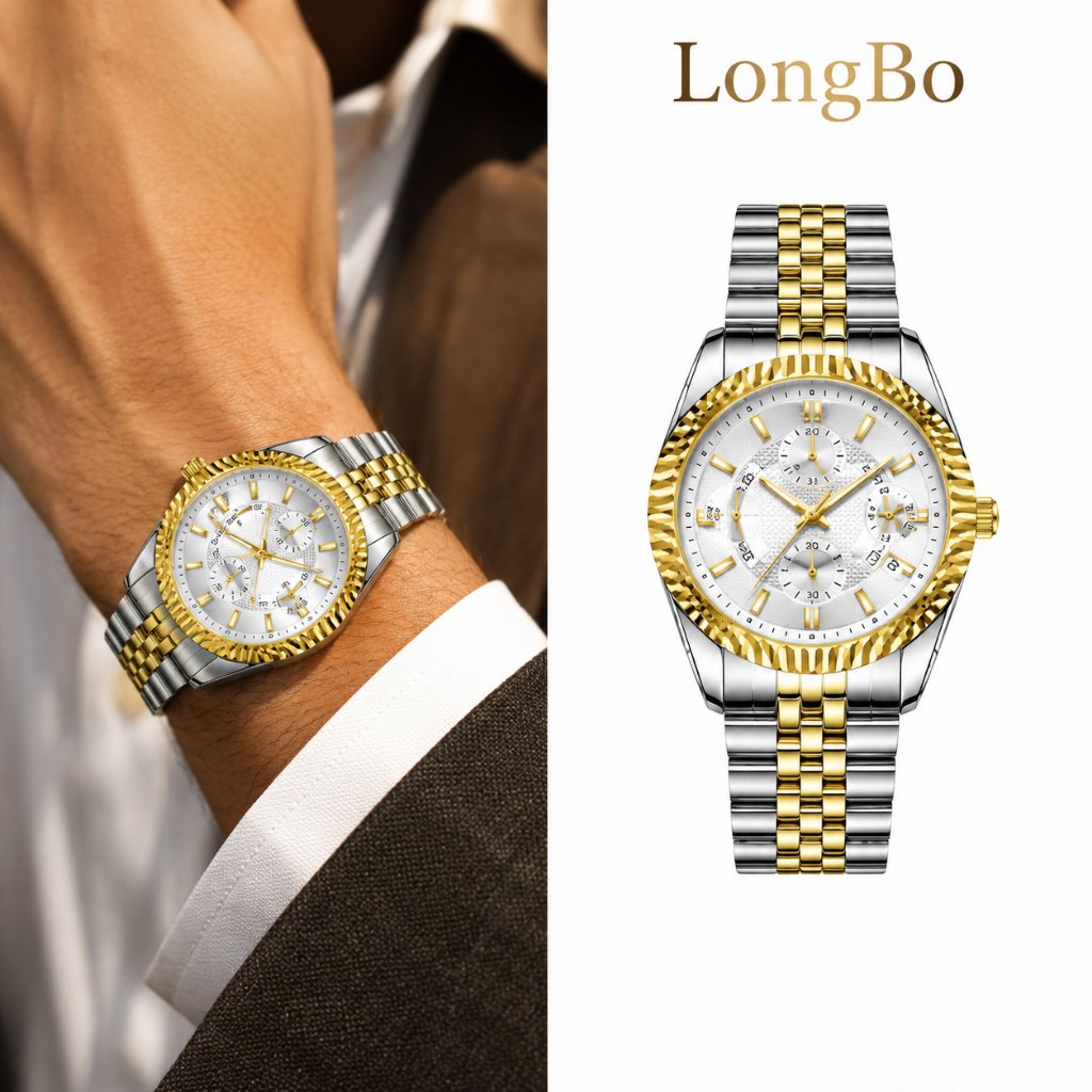 Relógio Masculino LONGBO Bicolor Luxo Quartzo Calendário Aço Inoxidável 30M Resistente à Água Elegante