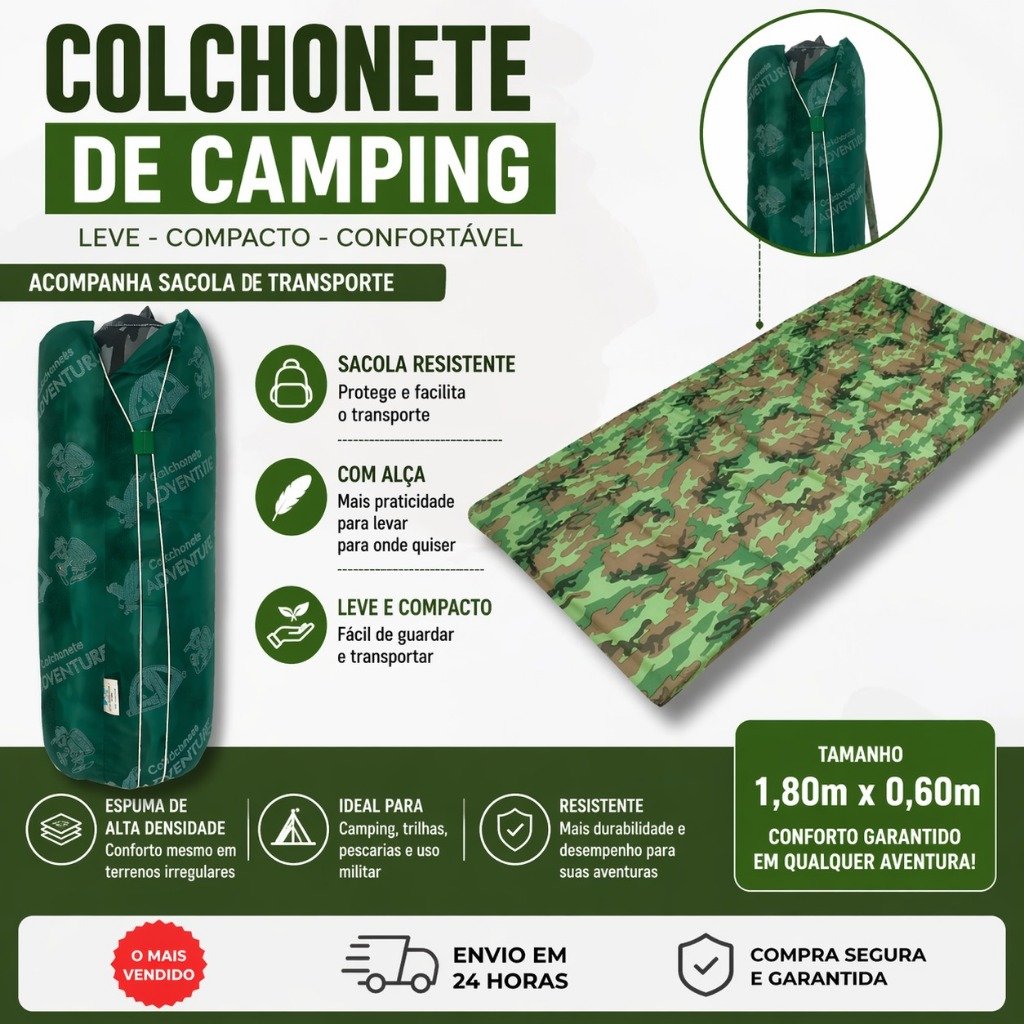 Colchonete Camping Solteiro Camuflado Impermeável 180x60cm