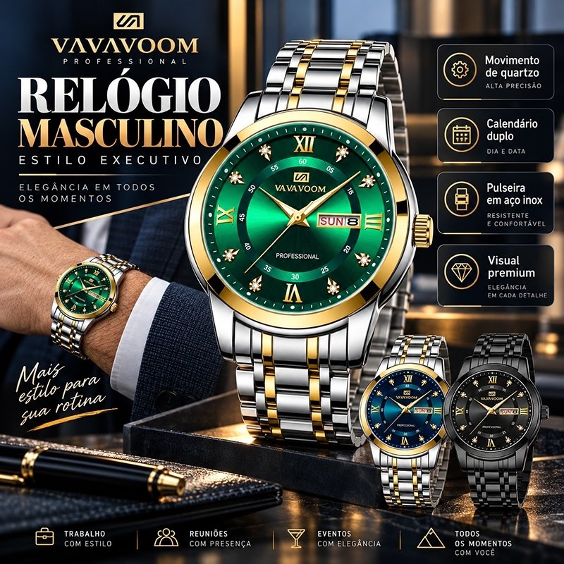 Relógio VAVAVOOM Social Luxo Aço Inoxidável 41mm